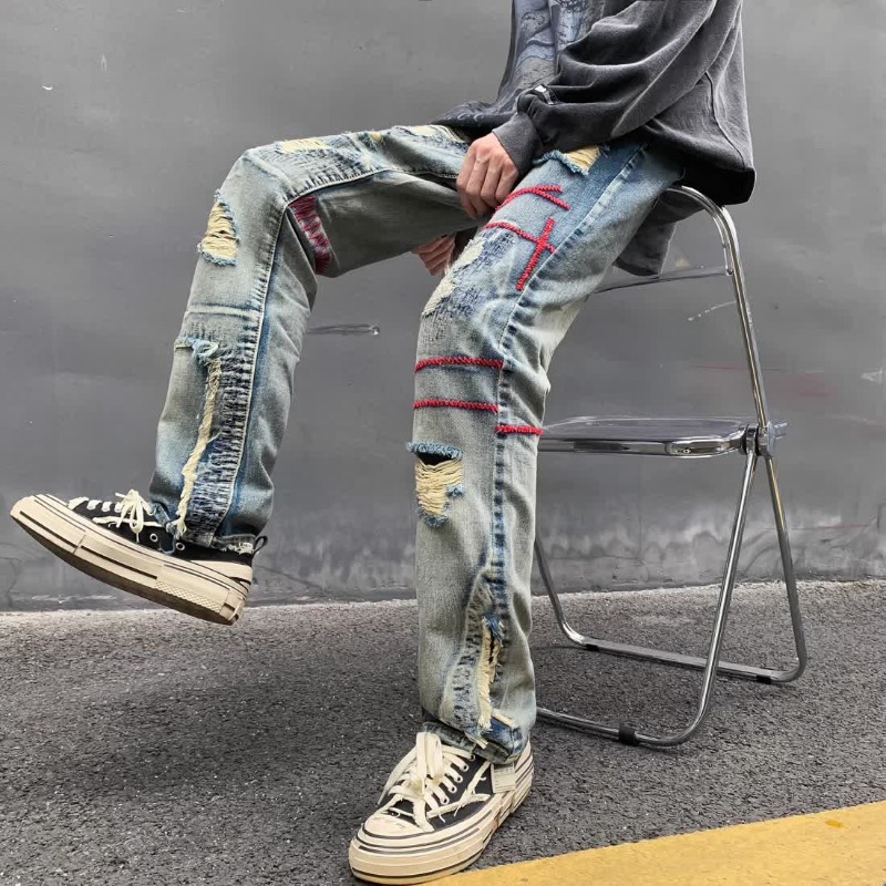Embroidery On Jeans - Torn Male Cowboy Pants Broken Ripped