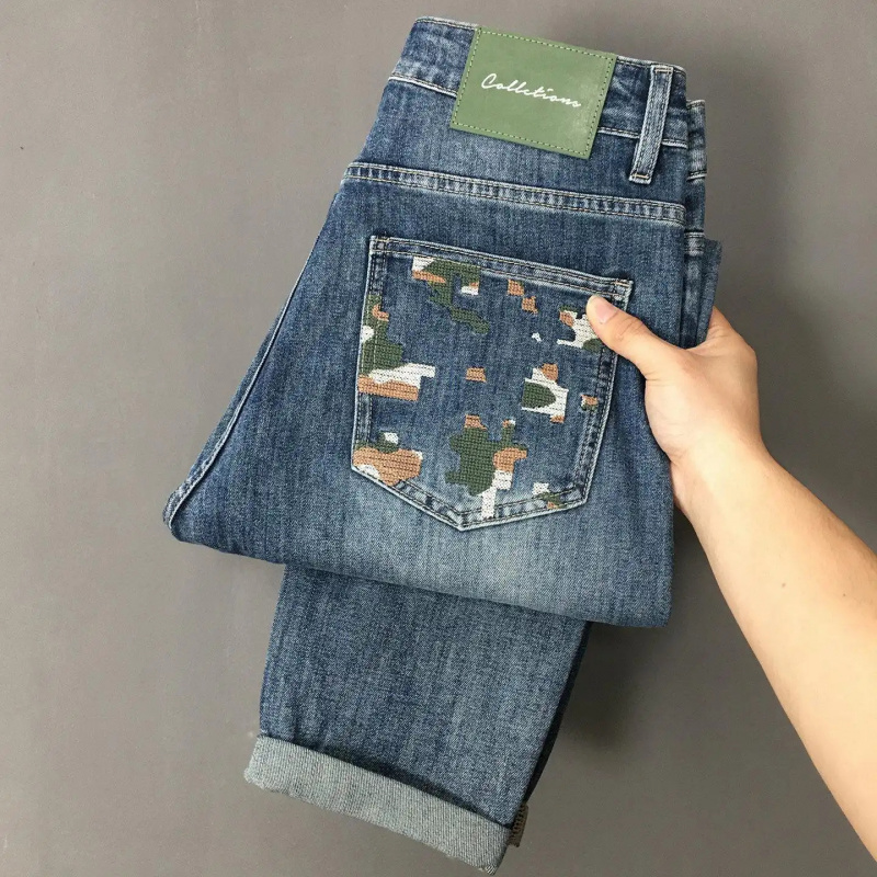 Embroidery On Jeans - Vintage Washed Denim Jeans for Men