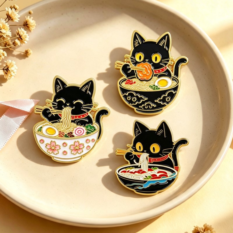 Embroidery Outfit - Cute Black Cat Eating Noodles Enamel