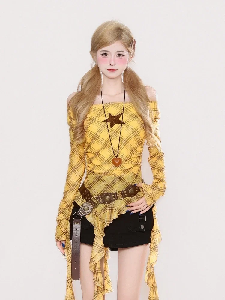 Y2K Plaid Slash Neck Vintage T - Embroidery Origin recension och pris