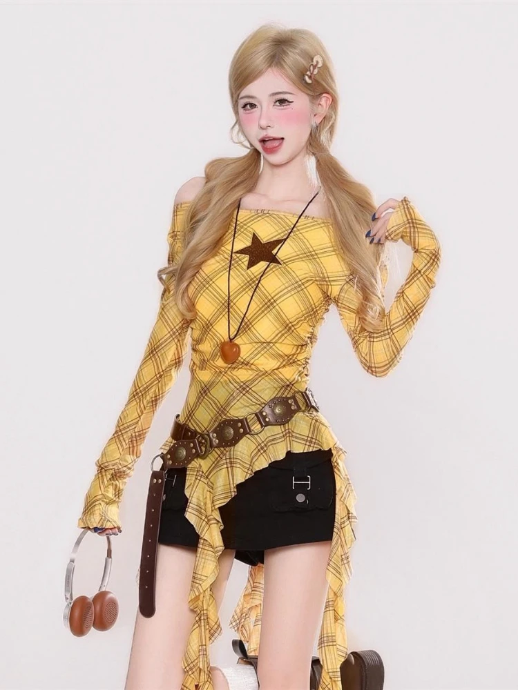 Y2K Plaid Slash Neck Vintage T - Embroidery Origin recension och pris